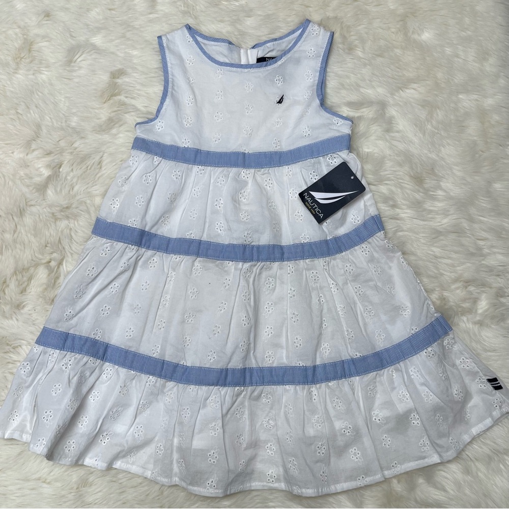 🆕 Nautica Kids Dress in White with Blue Trim size 24M Spring Easter Church
